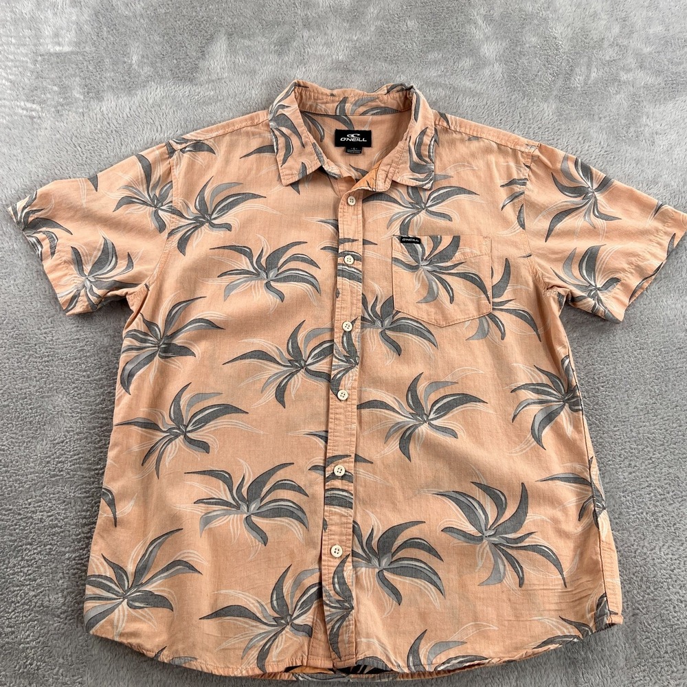 O'Neill Tropical Palm Print Button Up Shirt S Peach Men Surf Hawaiian Camp Beach